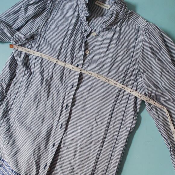 Roller Rabbit Blue Striped Ruffle Neck Embroidered Trim Shirt Size Small - Picture 6 of 8